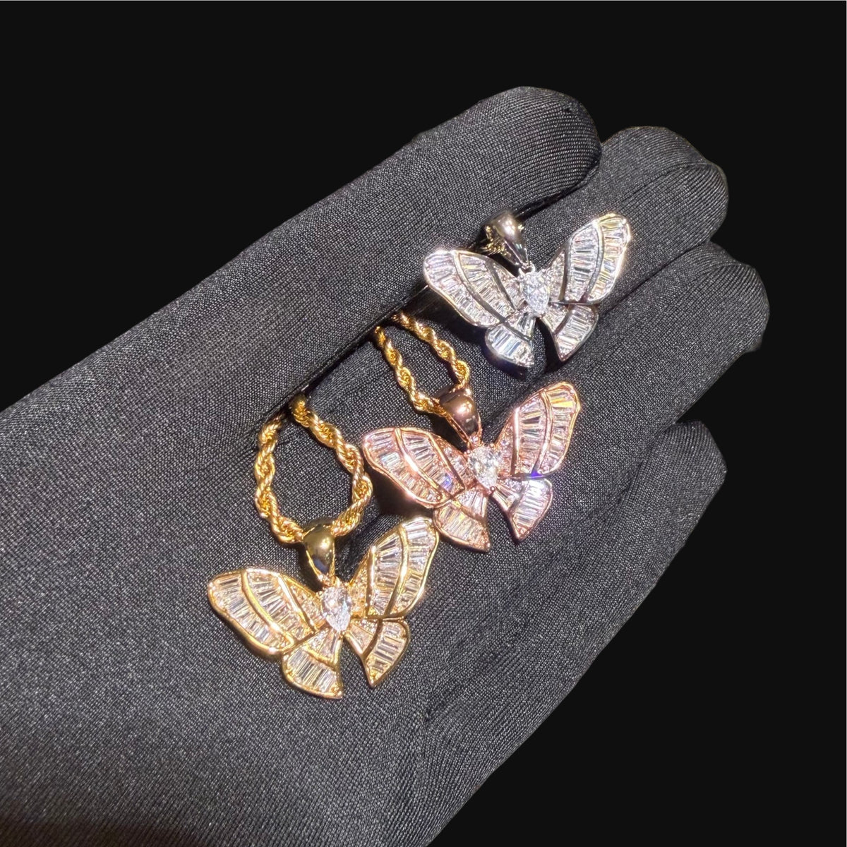 Iced Out Baguette Butterfly Pendant Necklace Gold Silver or Rose Gold, CZ Diamond Butterfly Charm, 14K Plated Hip Hop Jewelry