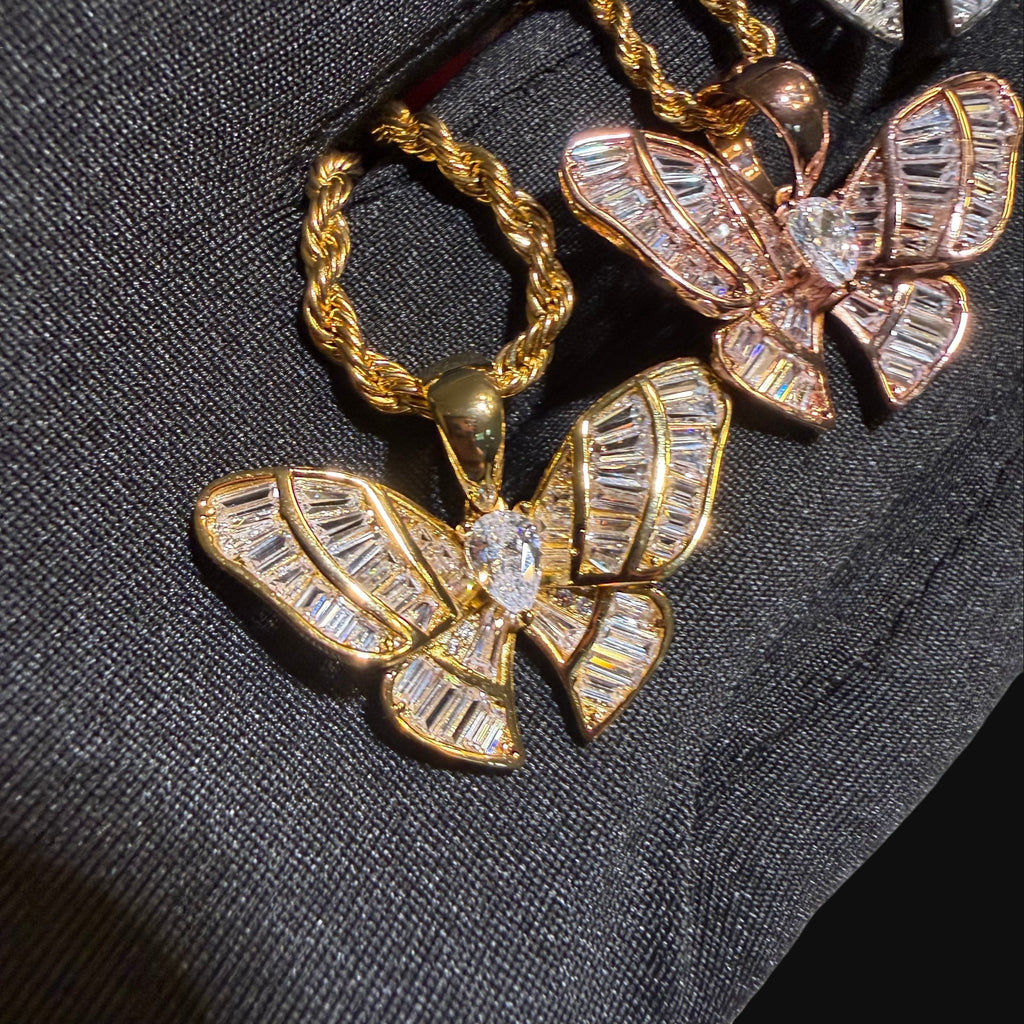 Iced Out Baguette Butterfly Pendant Necklace Gold Silver or Rose Gold, CZ Diamond Butterfly Charm, 14K Plated Hip Hop Jewelry