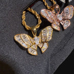 Iced Out Baguette Butterfly Pendant Necklace Gold Silver or Rose Gold, CZ Diamond Butterfly Charm, 14K Plated Hip Hop Jewelry