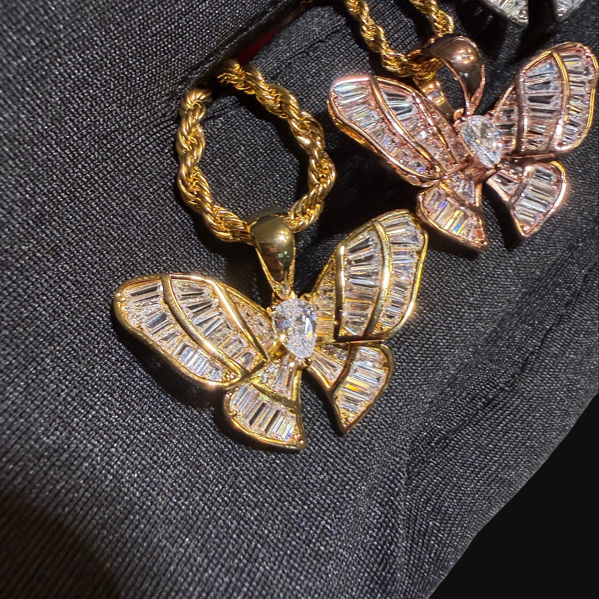 Iced Out Baguette Butterfly Pendant Necklace Gold Silver or Rose Gold, CZ Diamond Butterfly Charm, 14K Plated Hip Hop Jewelry
