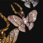 Iced Out Baguette Butterfly Pendant Necklace Gold Silver or Rose Gold, CZ Diamond Butterfly Charm, 14K Plated Hip Hop Jewelry