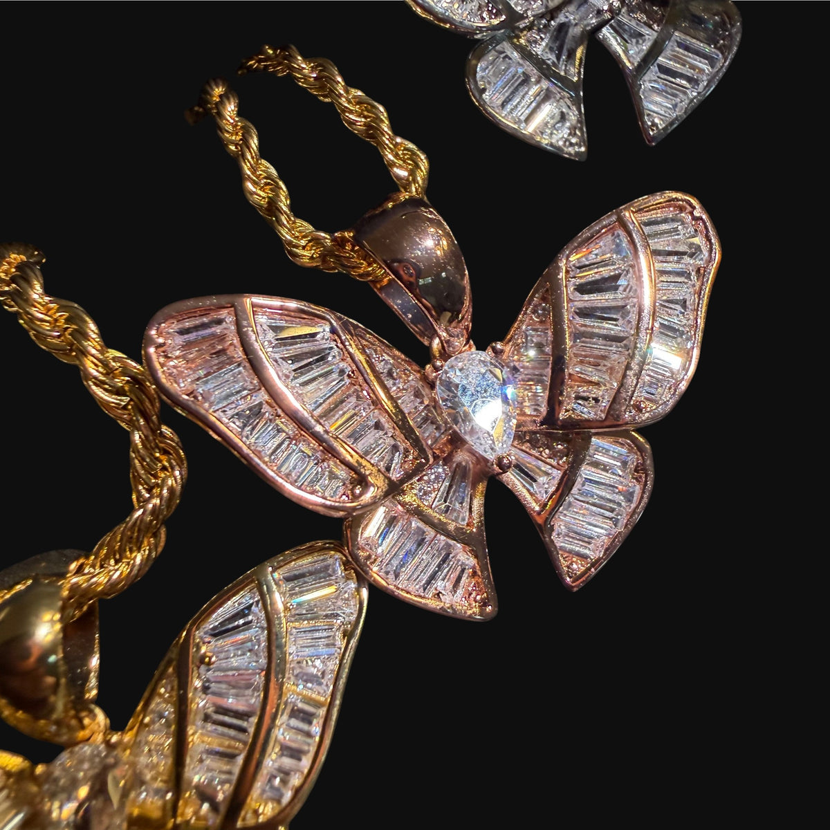 Iced Out Baguette Butterfly Pendant Necklace Gold Silver or Rose Gold, CZ Diamond Butterfly Charm, 14K Plated Hip Hop Jewelry
