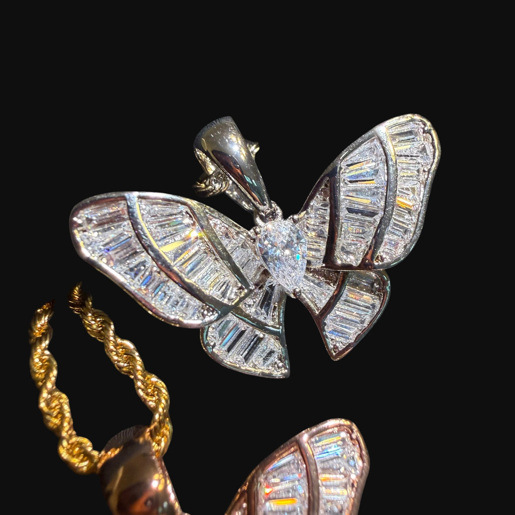 Iced Out Baguette Butterfly Pendant Necklace Gold Silver or Rose Gold, CZ Diamond Butterfly Charm, 14K Plated Hip Hop Jewelry