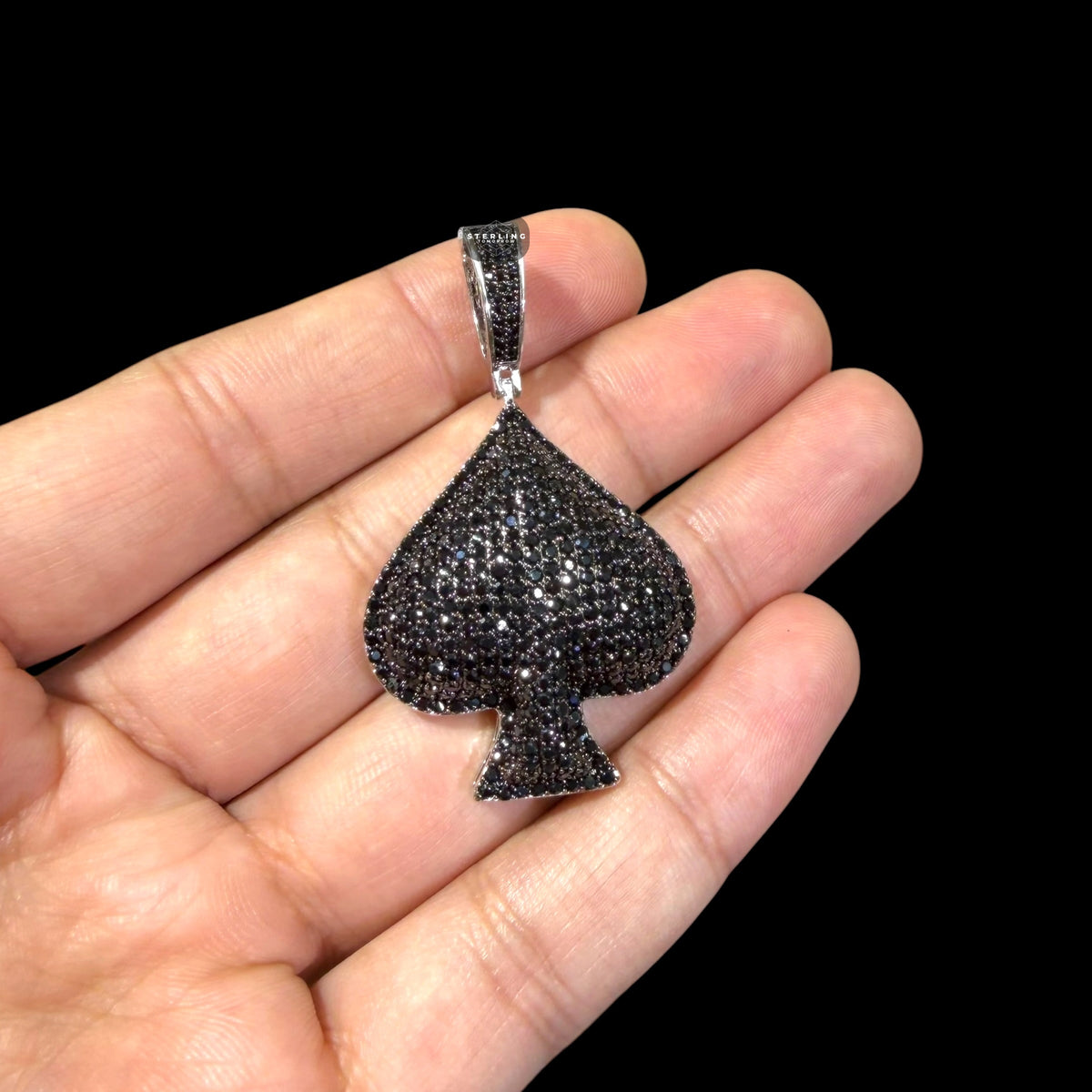 Black Iced Out Spade Pendant | 14K White Gold Plated Poker Ace Spade Necklace, Black CZ Hip Hop Pendant with Free Rope Chain