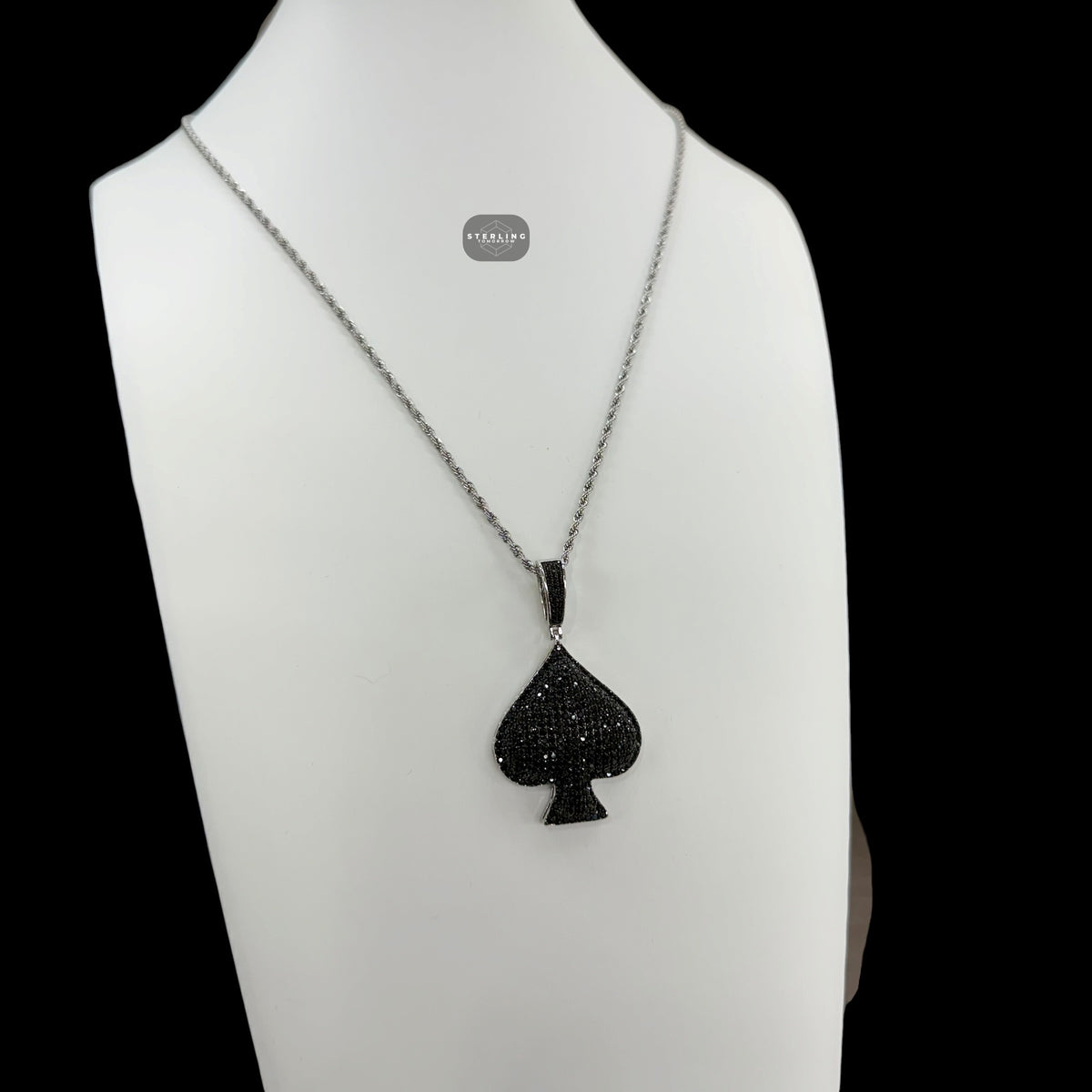 Black Iced Out Spade Pendant | 14K White Gold Plated Poker Ace Spade Necklace, Black CZ Hip Hop Pendant with Free Rope Chain