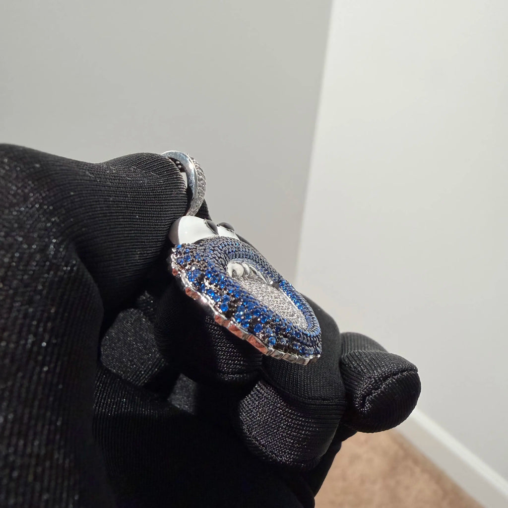 Blue Iced Out Monster Face Pendant, Solid 925 Sterling Silver VVS Simulated CZ Diamond Necklace, Hip Hop Jewelry, 22 Inch Rope Chain