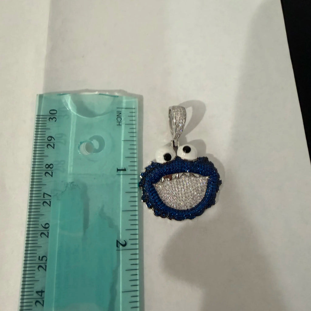 Blue Iced Out Monster Face Pendant, Solid 925 Sterling Silver VVS Simulated CZ Diamond Necklace, Hip Hop Jewelry, 22 Inch Rope Chain