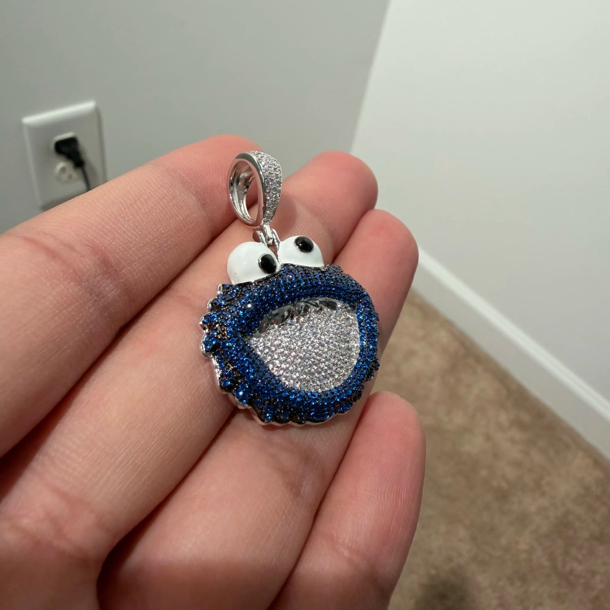Blue Iced Out Monster Face Pendant, Solid 925 Sterling Silver VVS Simulated CZ Diamond Necklace, Hip Hop Jewelry, 22 Inch Rope Chain