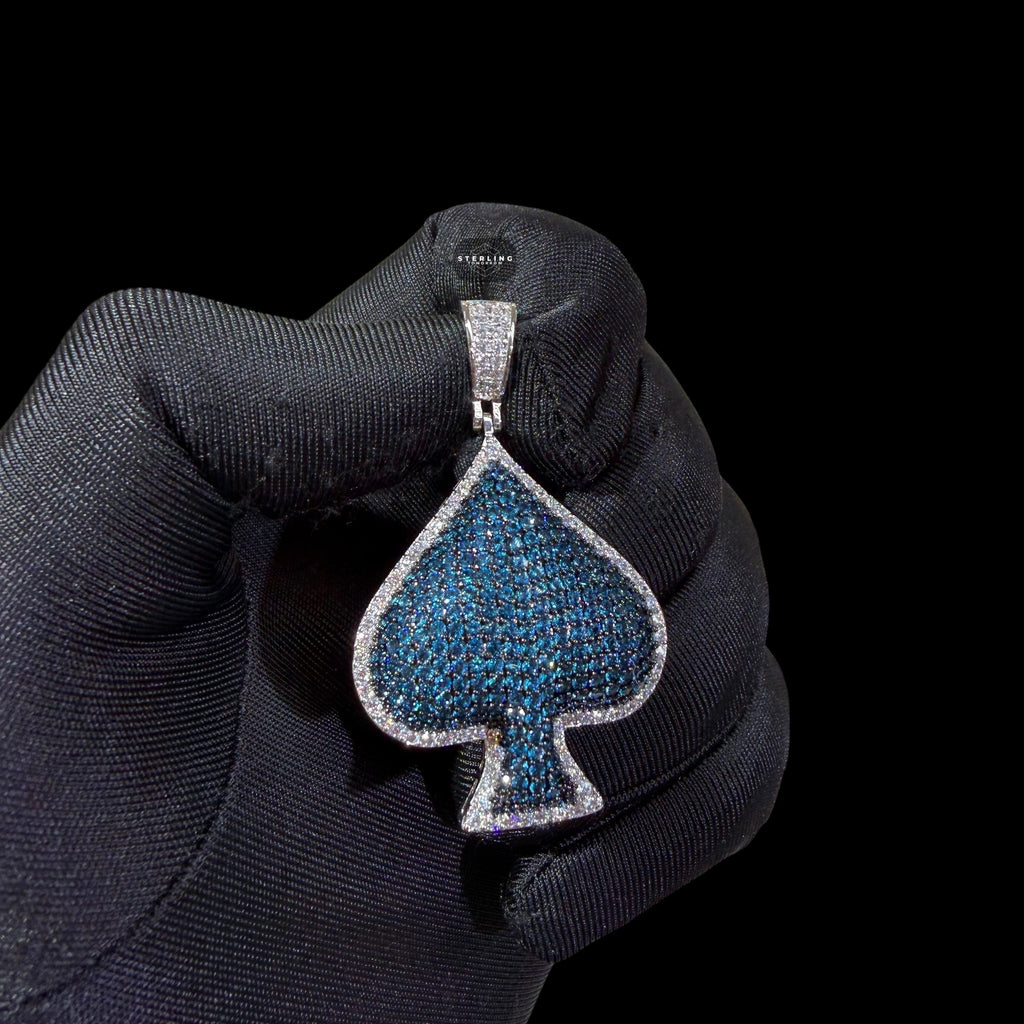 Blue Iced Out Spade Pendant | 14K White Gold Plated Blue CZ Poker Ace Spade Necklace Hip Hop Pendant with Free Rope Chain