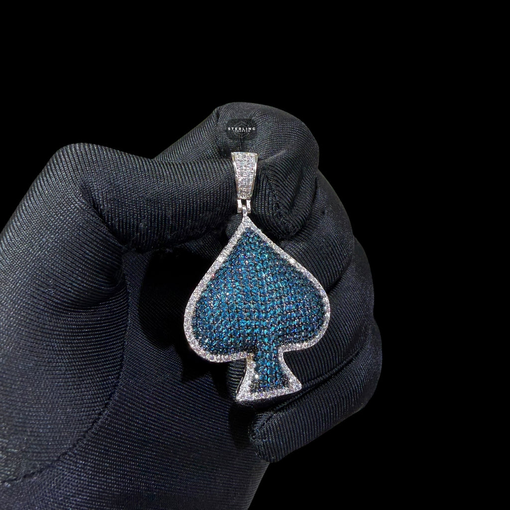 Blue Iced Out Spade Pendant | 14K White Gold Plated Blue CZ Poker Ace Spade Necklace Hip Hop Pendant with Free Rope Chain