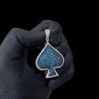 Blue Iced Out Spade Pendant | 14K White Gold Plated Blue CZ Poker Ace Spade Necklace Hip Hop Pendant with Free Rope Chain
