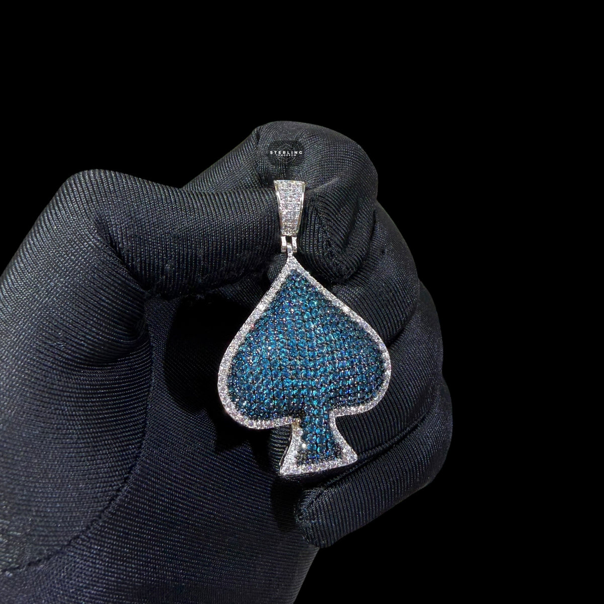 Blue Iced Out Spade Pendant | 14K White Gold Plated Blue CZ Poker Ace Spade Necklace Hip Hop Pendant with Free Rope Chain