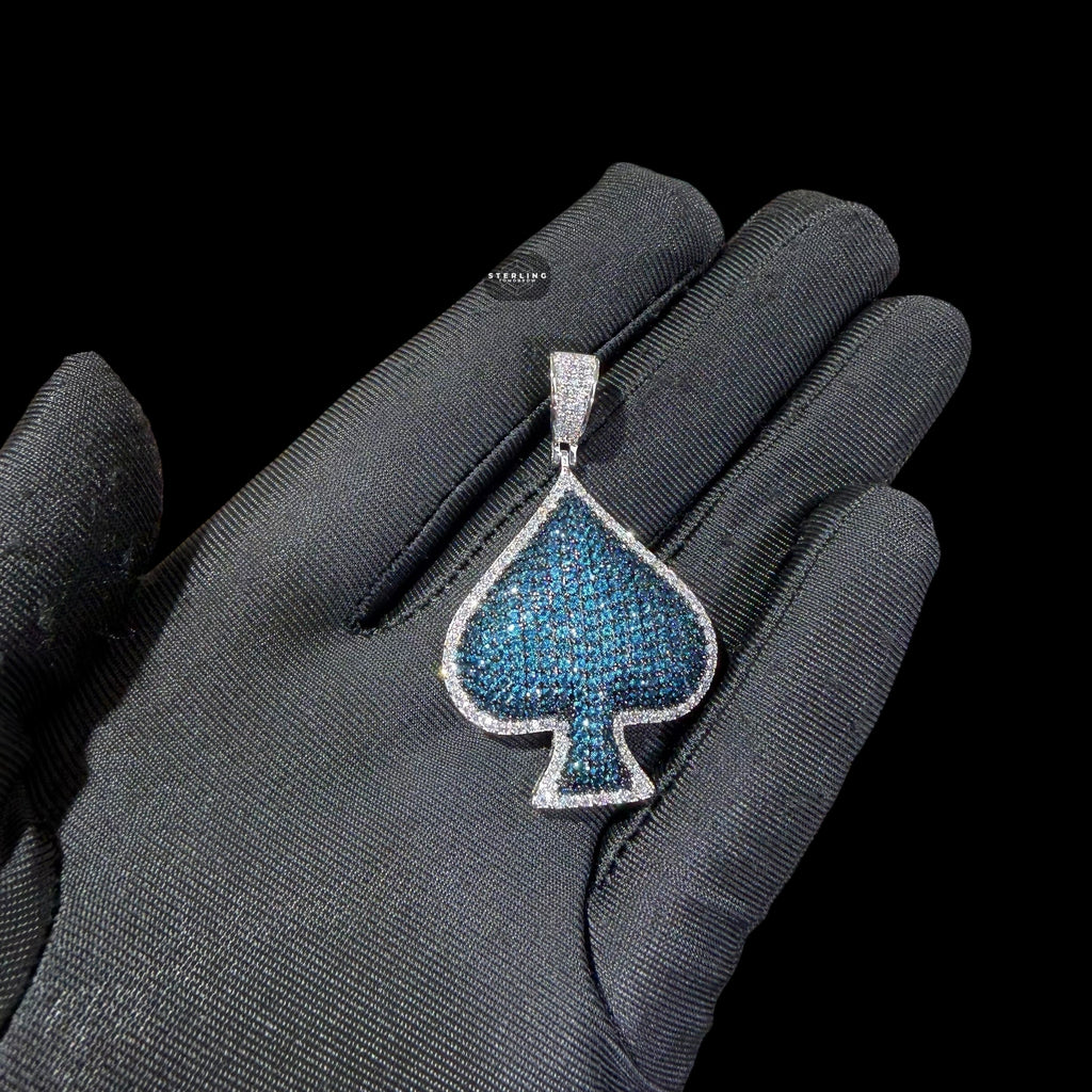 Blue Iced Out Spade Pendant | 14K White Gold Plated Blue CZ Poker Ace Spade Necklace Hip Hop Pendant with Free Rope Chain