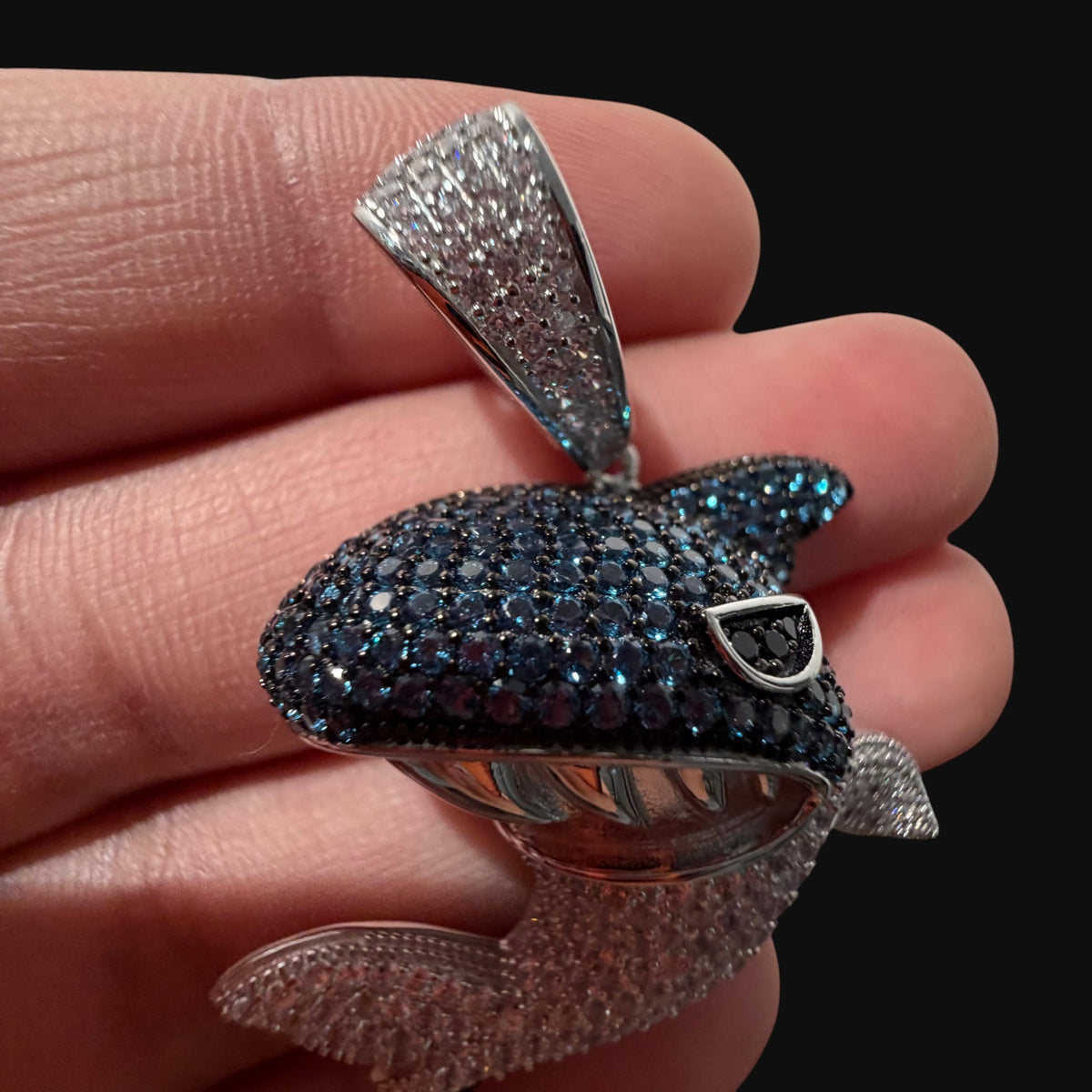 Blue Iced Out Shark Pendant, Solid 925 Sterling Silver VVS Simulated CZ Diamond Necklace, Hip Hop Jewelry, 22 Inch Rope Chain