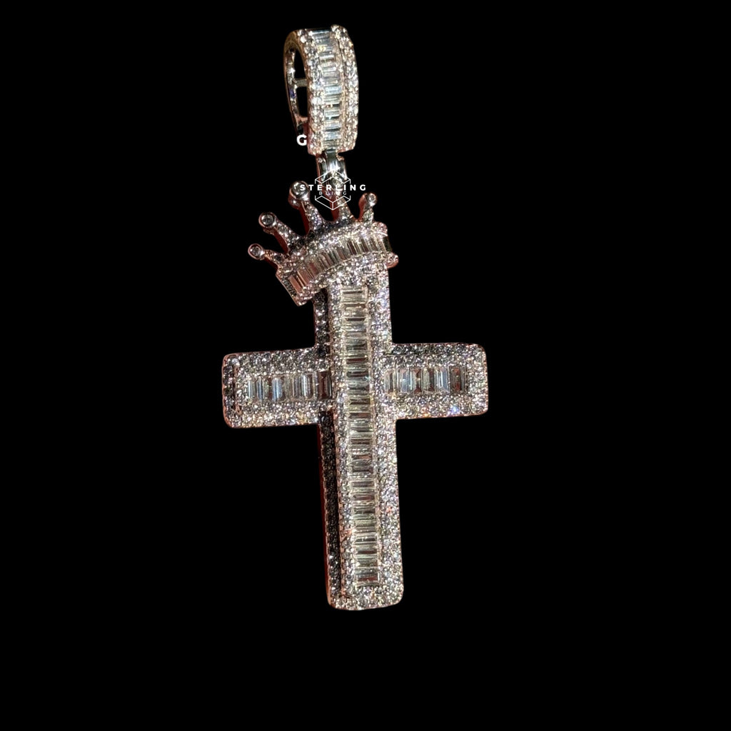 14K White Gold Plated Iced Out Cross Pendant | CZ Baguette Crown Cross Necklace | Hip Hop Faith Jewelry + Free 22" Rope Chain
