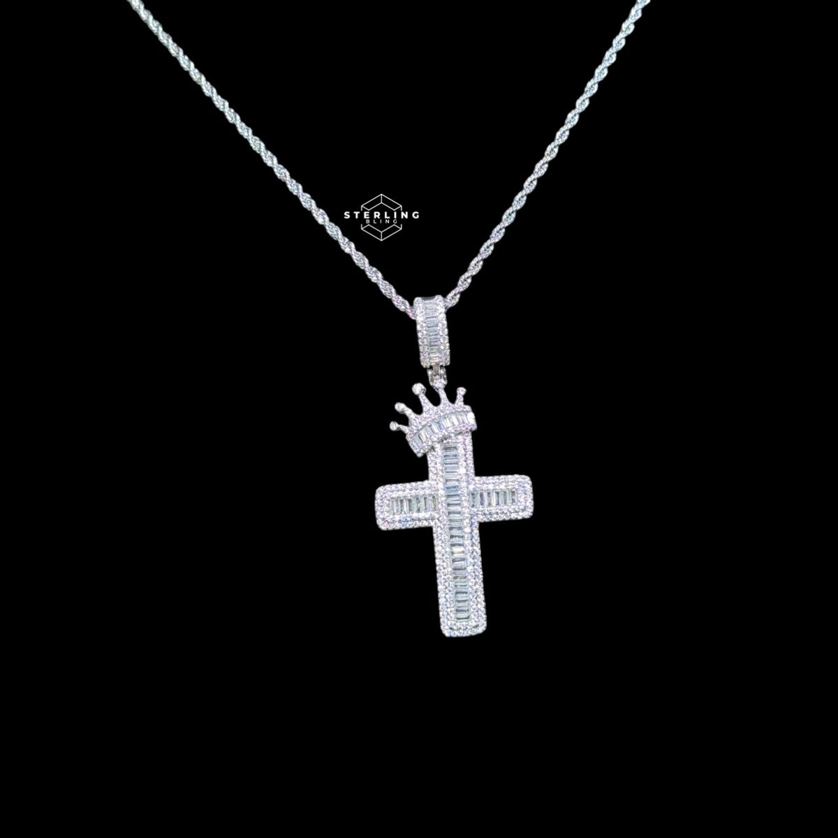 14K White Gold Plated Iced Out Cross Pendant | CZ Baguette Crown Cross Necklace | Hip Hop Faith Jewelry + Free 22" Rope Chain