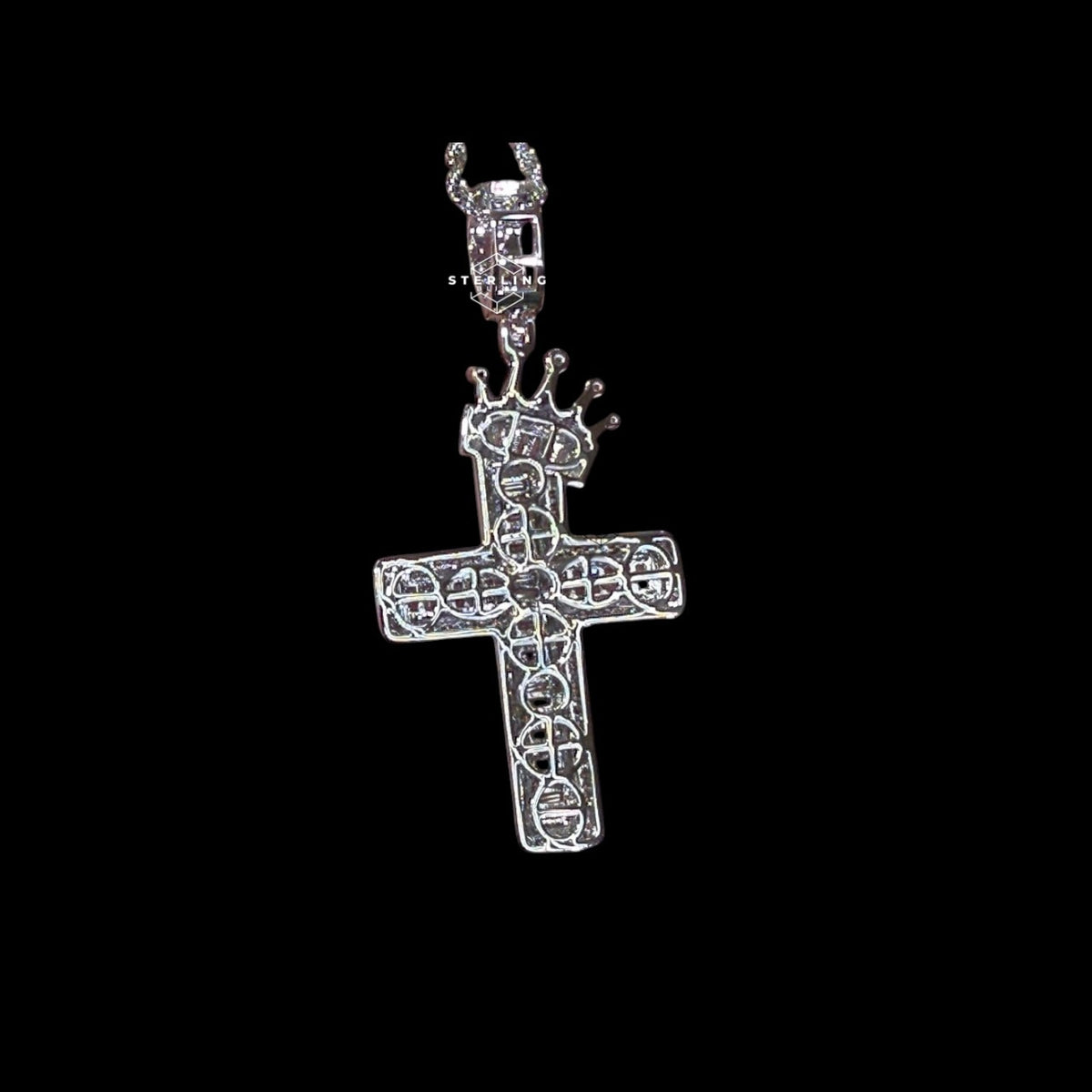 14K White Gold Plated Iced Out Cross Pendant | CZ Baguette Crown Cross Necklace | Hip Hop Faith Jewelry + Free 22" Rope Chain