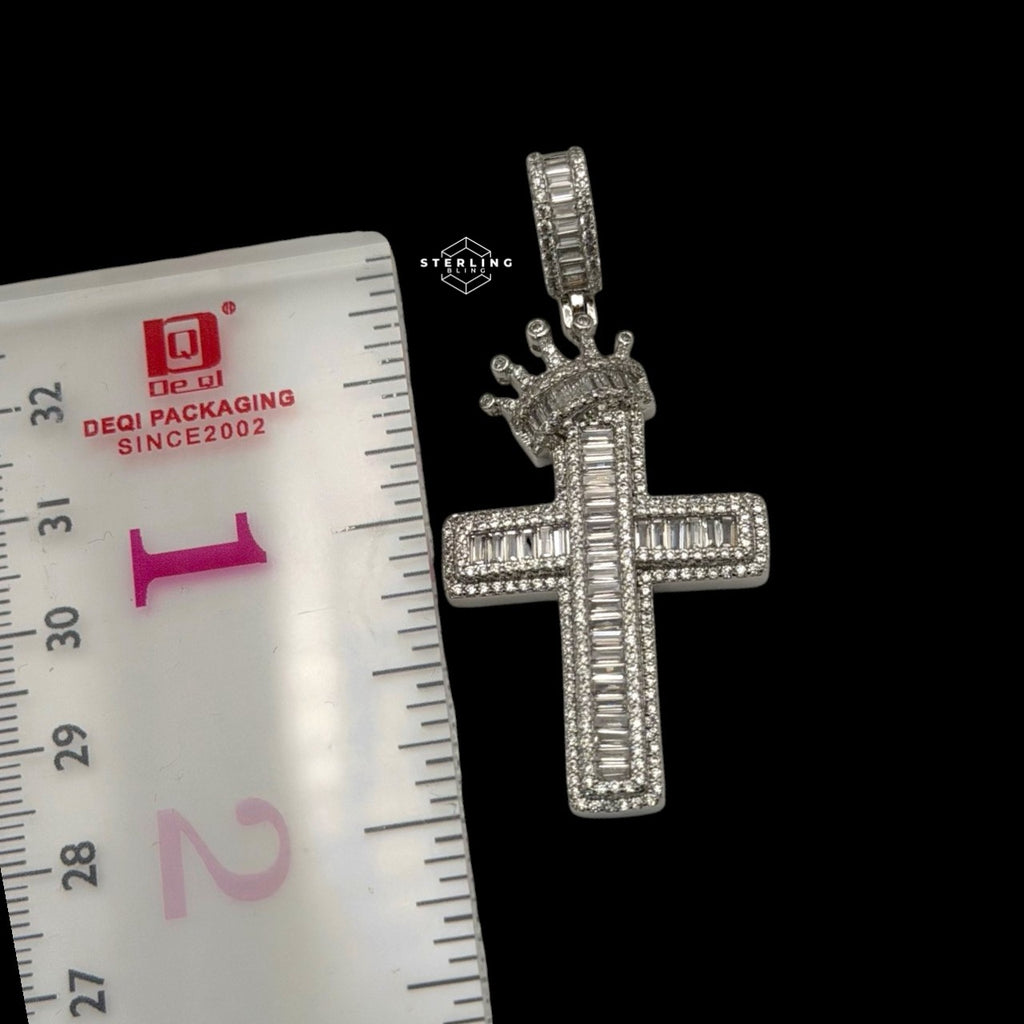 14K White Gold Plated Iced Out Cross Pendant | CZ Baguette Crown Cross Necklace | Hip Hop Faith Jewelry + Free 22" Rope Chain