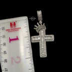 14K White Gold Plated Iced Out Cross Pendant | CZ Baguette Crown Cross Necklace | Hip Hop Faith Jewelry + Free 22" Rope Chain