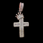 14K White Gold Plated Iced Out Cross Pendant | CZ Baguette Crown Cross Necklace | Hip Hop Faith Jewelry + Free 22" Rope Chain
