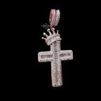 14K White Gold Plated Iced Out Cross Pendant | CZ Baguette Crown Cross Necklace | Hip Hop Faith Jewelry + Free 22" Rope Chain