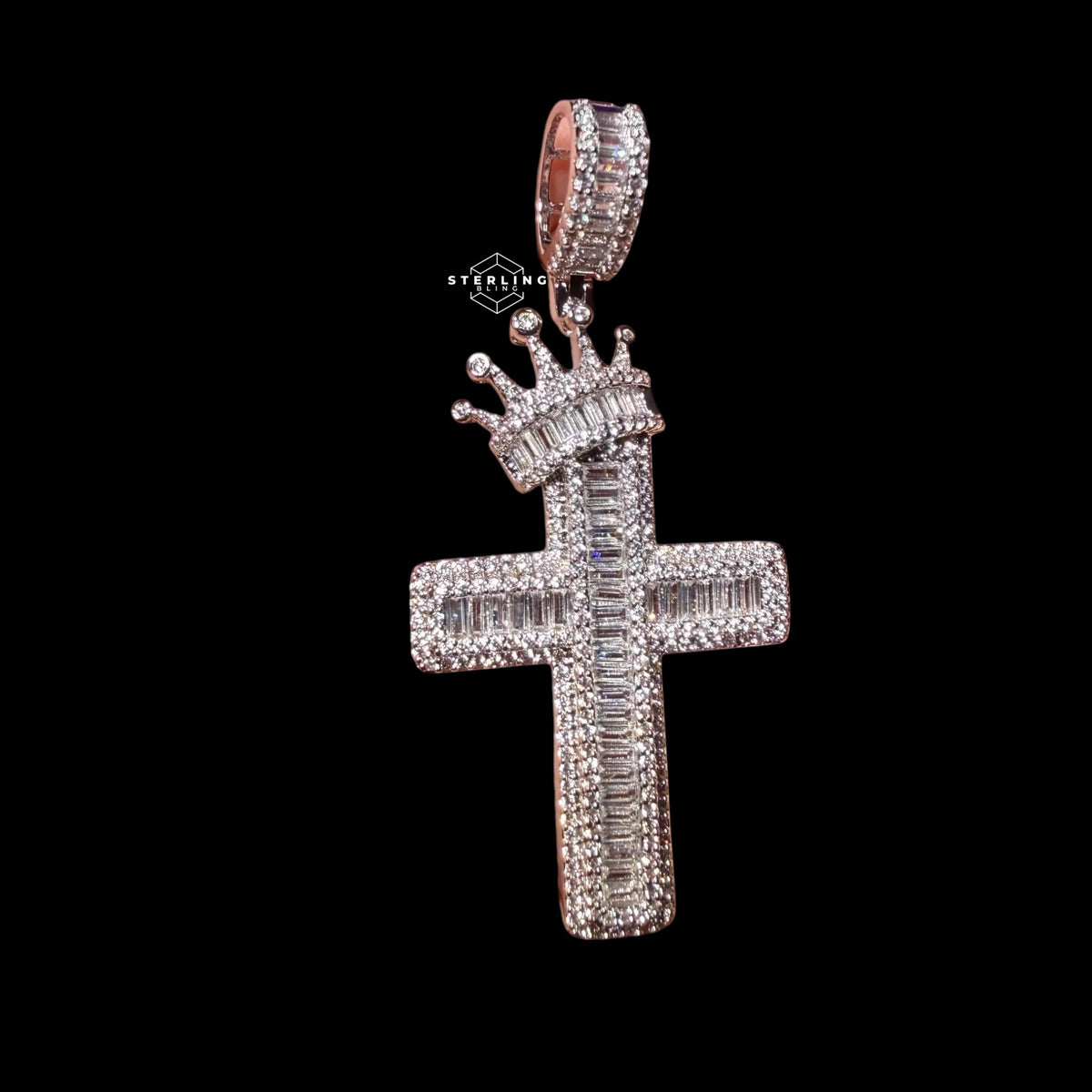 14K White Gold Plated Iced Out Cross Pendant | CZ Baguette Crown Cross Necklace | Hip Hop Faith Jewelry + Free 22" Rope Chain