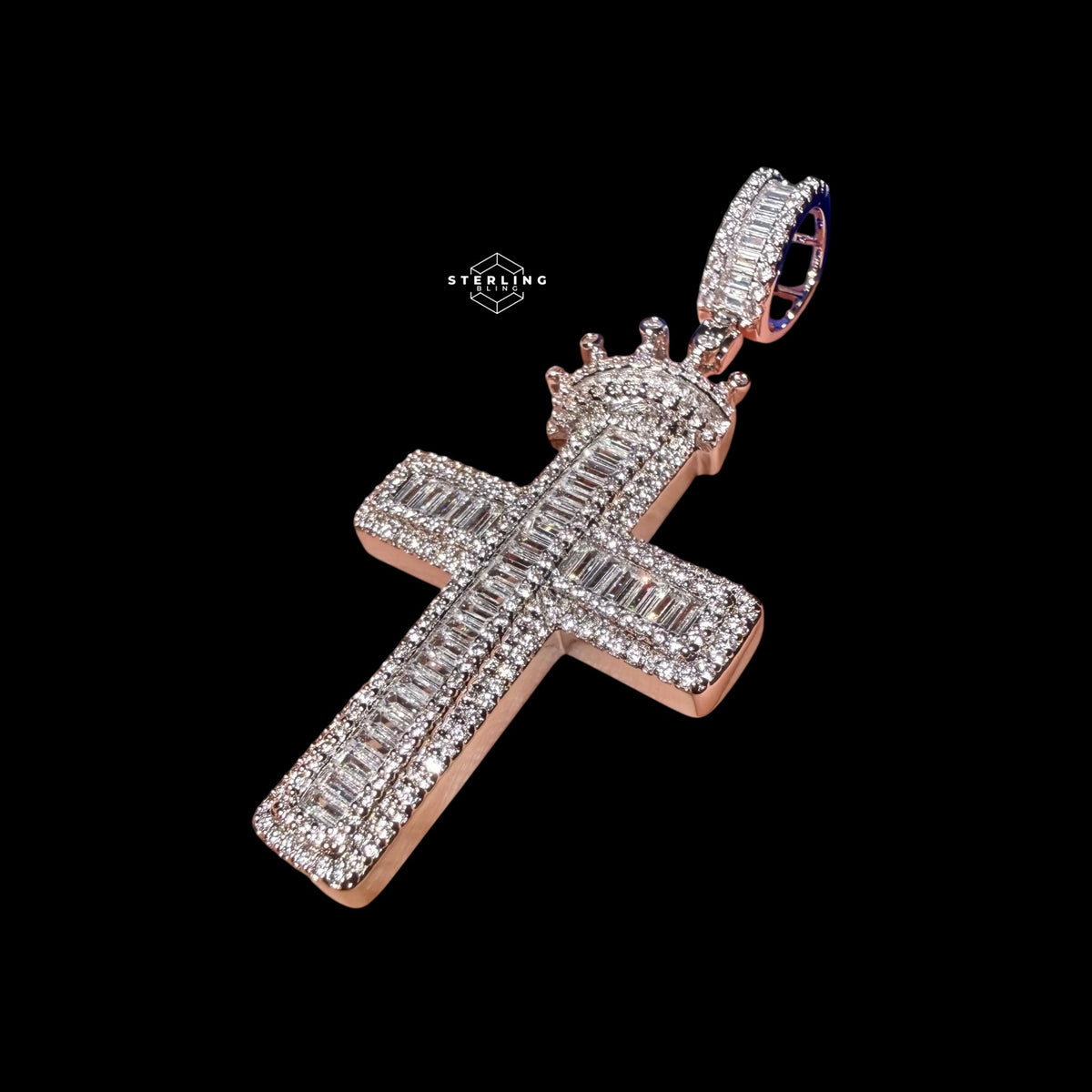 14K White Gold Plated Iced Out Cross Pendant | CZ Baguette Crown Cross Necklace | Hip Hop Faith Jewelry + Free 22" Rope Chain