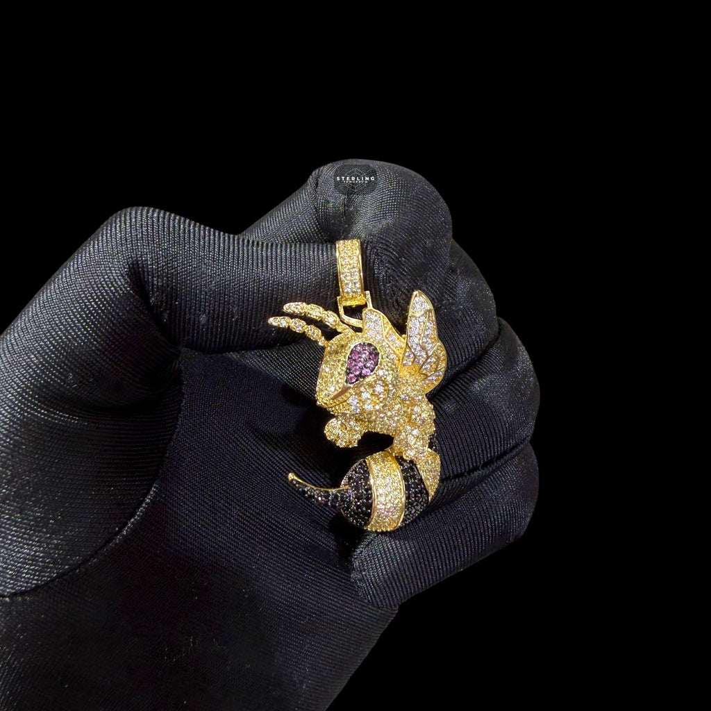 Iced Out Bee Pendant | 14K Gold Plated Bee Necklace, Black & Purple CZ Hip Hop Statement Pendant with Free Rope Chain