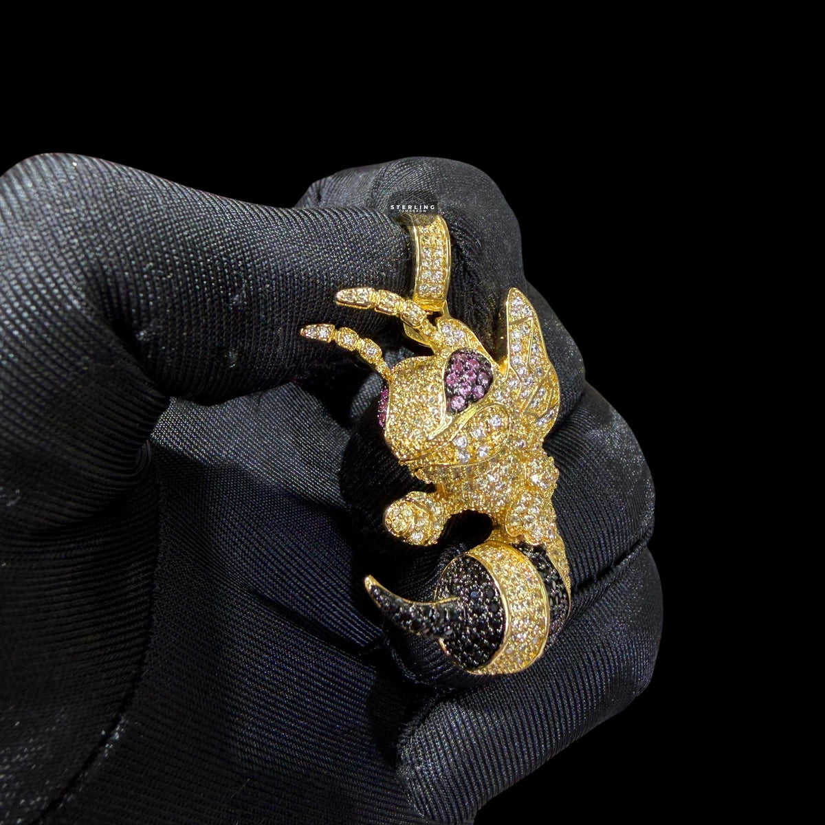 Iced Out Bee Pendant | 14K Gold Plated Bee Necklace, Black & Purple CZ Hip Hop Statement Pendant with Free Rope Chain