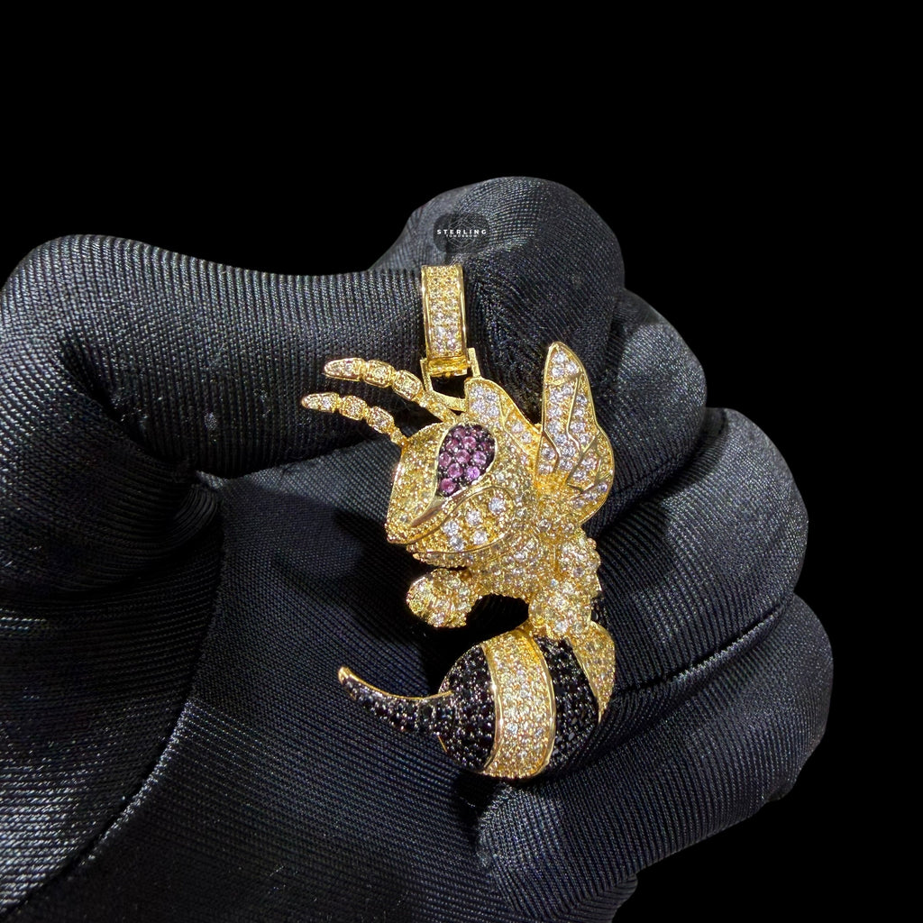 Iced Out Bee Pendant | 14K Gold Plated Bee Necklace, Black & Purple CZ Hip Hop Statement Pendant with Free Rope Chain