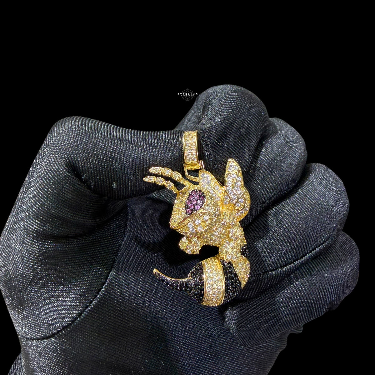 Iced Out Bee Pendant | 14K Gold Plated Bee Necklace, Black & Purple CZ Hip Hop Statement Pendant with Free Rope Chain