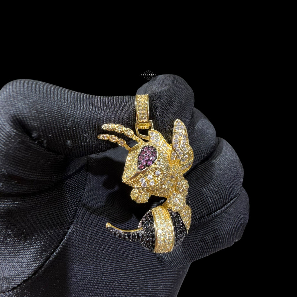 Iced Out Bee Pendant | 14K Gold Plated Bee Necklace, Black & Purple CZ Hip Hop Statement Pendant with Free Rope Chain