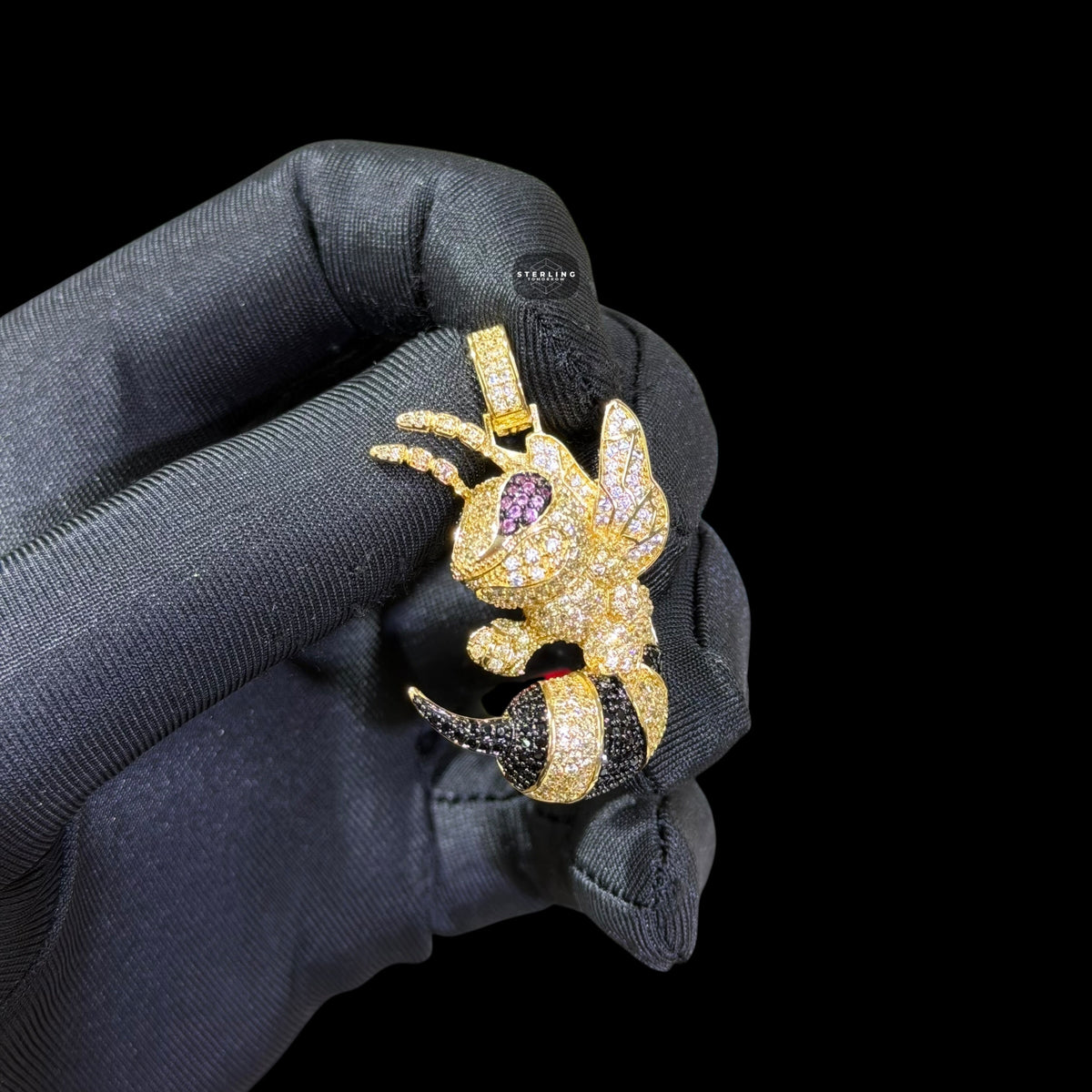 Iced Out Bee Pendant | 14K Gold Plated Bee Necklace, Black & Purple CZ Hip Hop Statement Pendant with Free Rope Chain