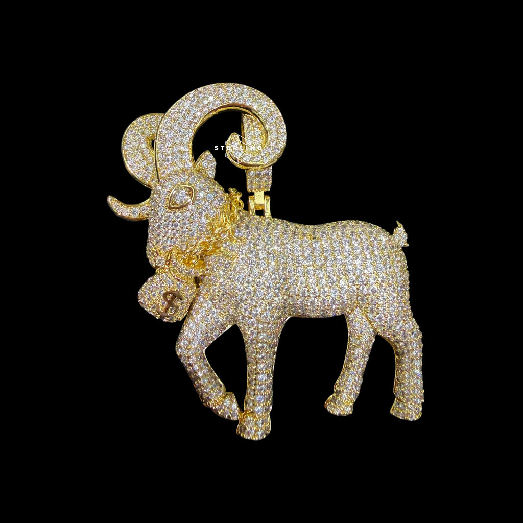 Gold Iced Out Goat Pendant, 14K Gold Plated CZ Diamond Ram Necklace, Big Horn Animal Pendant, Hip Hop Jewelry for Men
