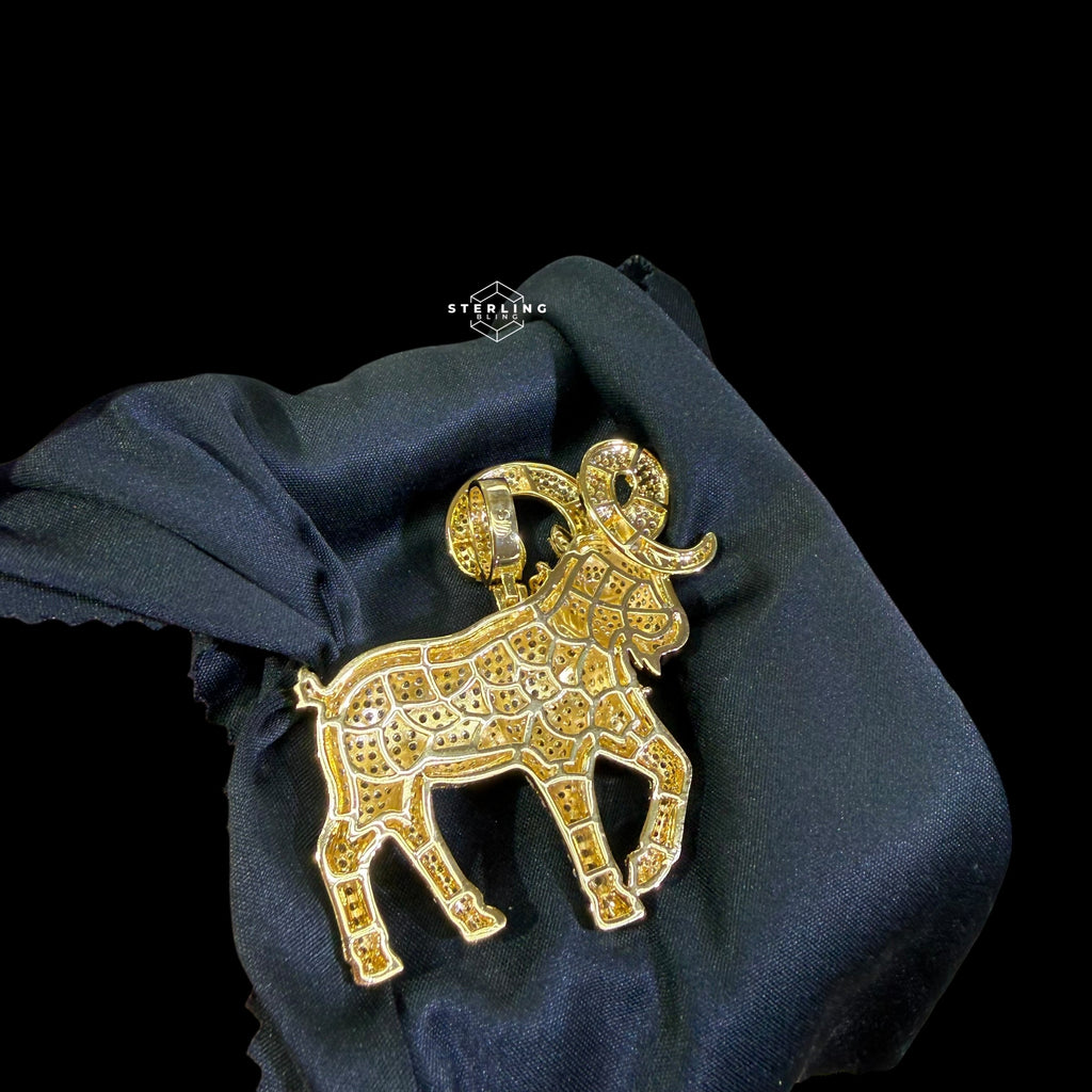 Gold Iced Out Goat Pendant, 14K Gold Plated CZ Diamond Ram Necklace, Big Horn Animal Pendant, Hip Hop Jewelry for Men