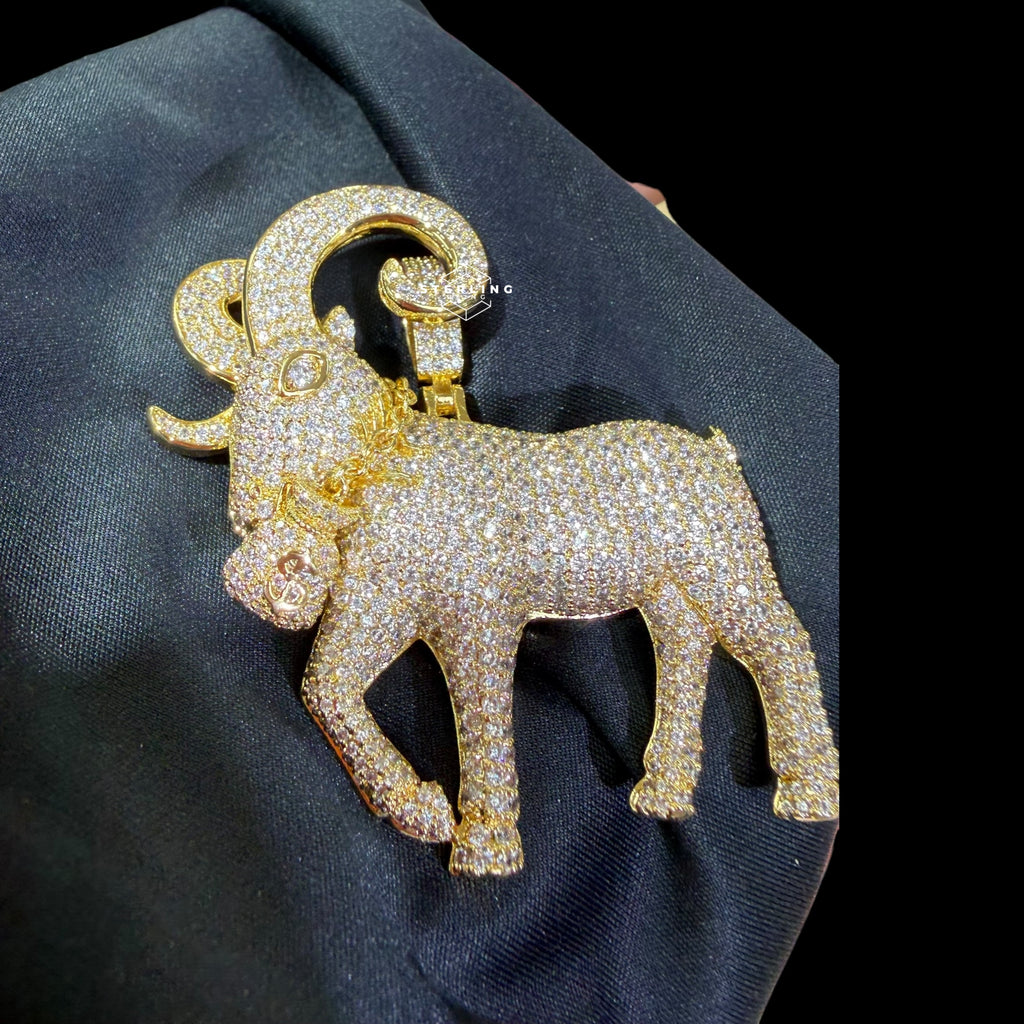 Gold Iced Out Goat Pendant, 14K Gold Plated CZ Diamond Ram Necklace, Big Horn Animal Pendant, Hip Hop Jewelry for Men