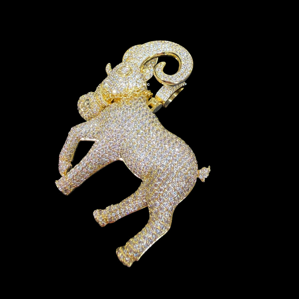 Gold Iced Out Goat Pendant, 14K Gold Plated CZ Diamond Ram Necklace, Big Horn Animal Pendant, Hip Hop Jewelry for Men