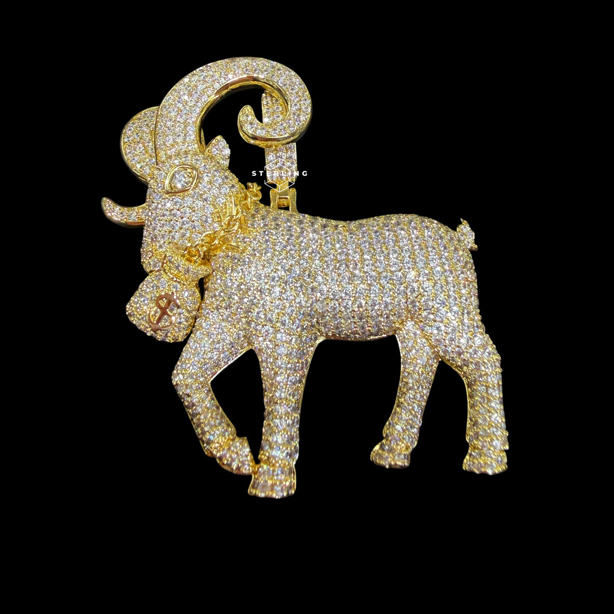 Gold Iced Out Goat Pendant, 14K Gold Plated CZ Diamond Ram Necklace, Big Horn Animal Pendant, Hip Hop Jewelry for Men