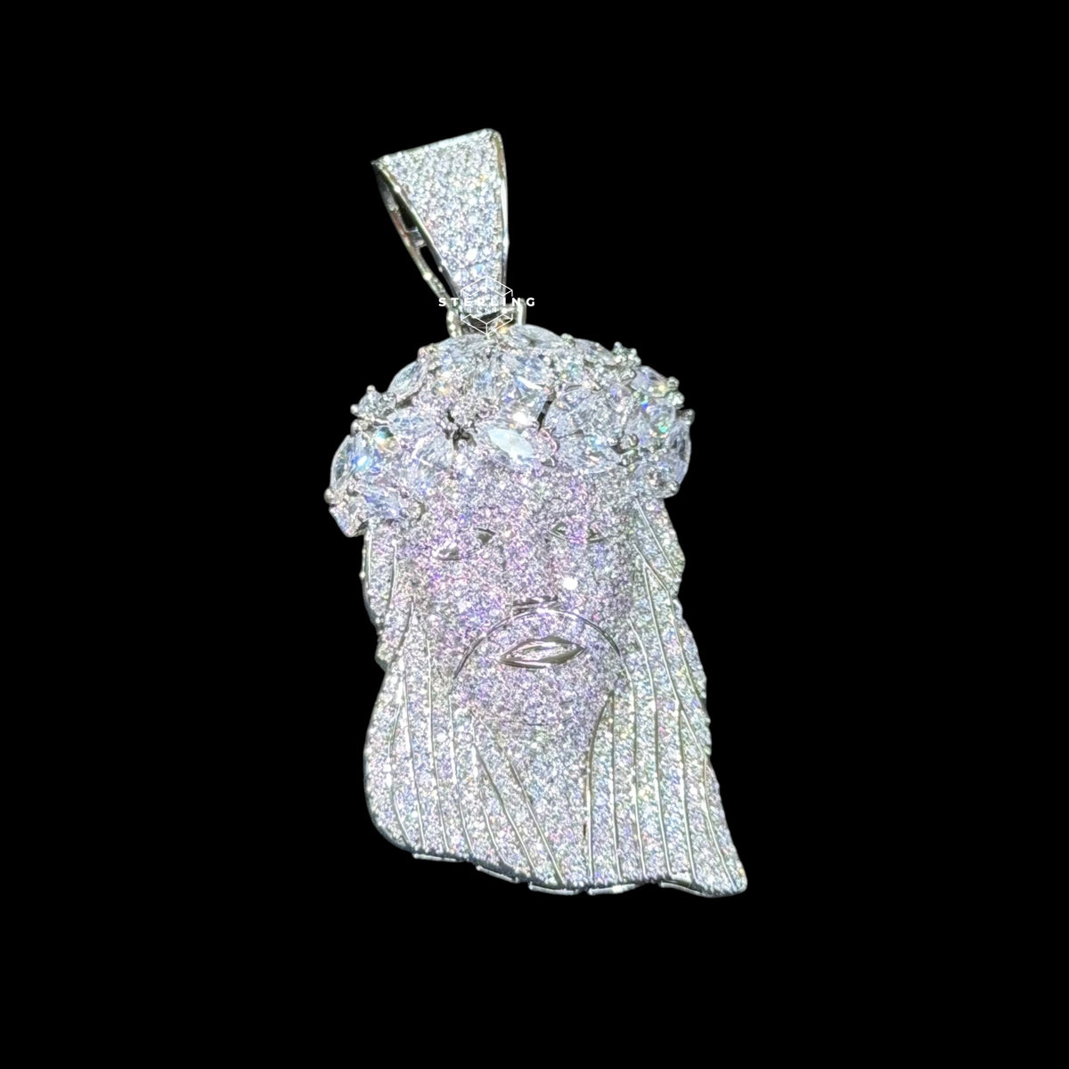 Iced Out Jesus Pendant, 14K White Gold Plated CZ Diamond Crown of Thorns, Mens Hip Hop Religious Jewelry