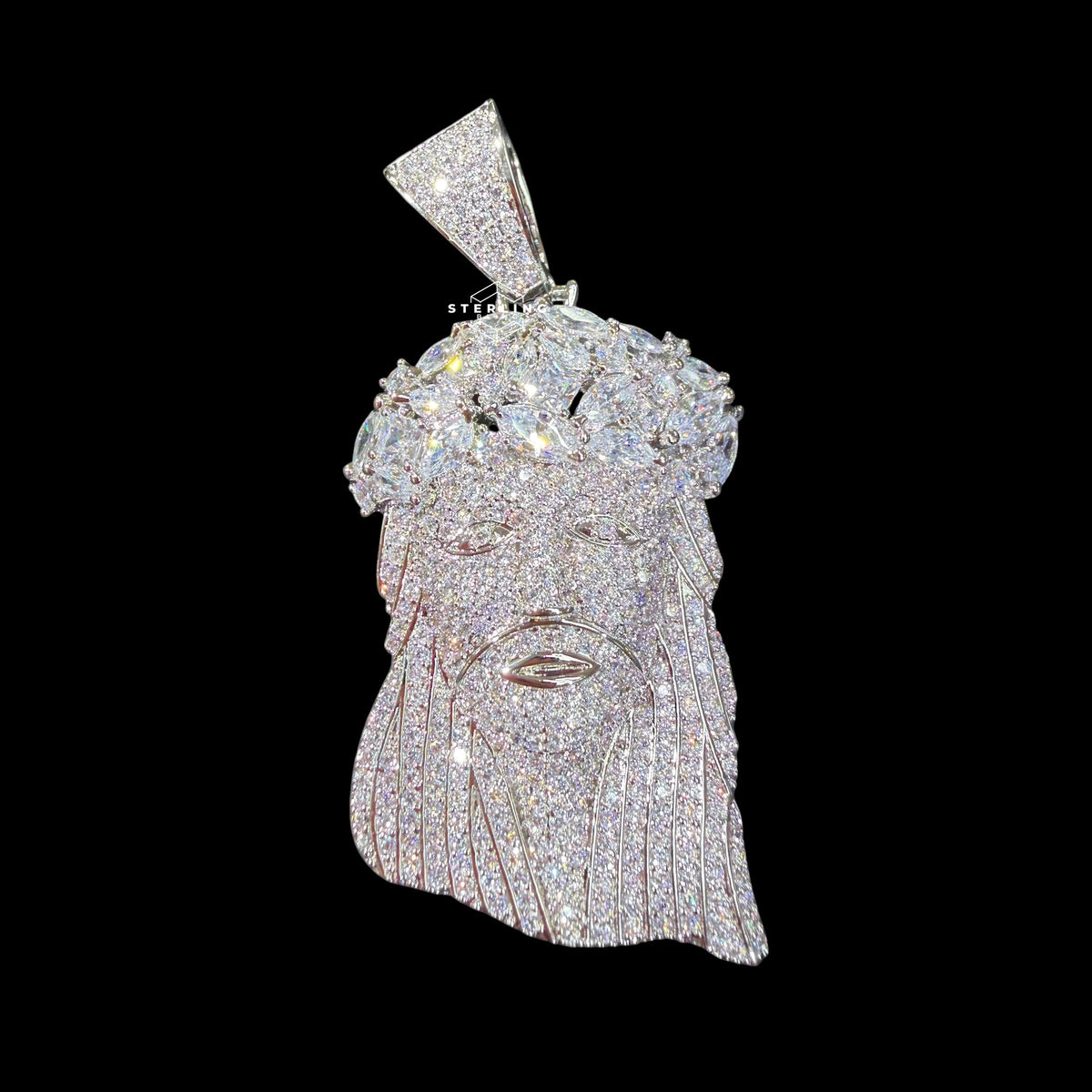 Iced Out Jesus Pendant, 14K White Gold Plated CZ Diamond Crown of Thorns, Mens Hip Hop Religious Jewelry