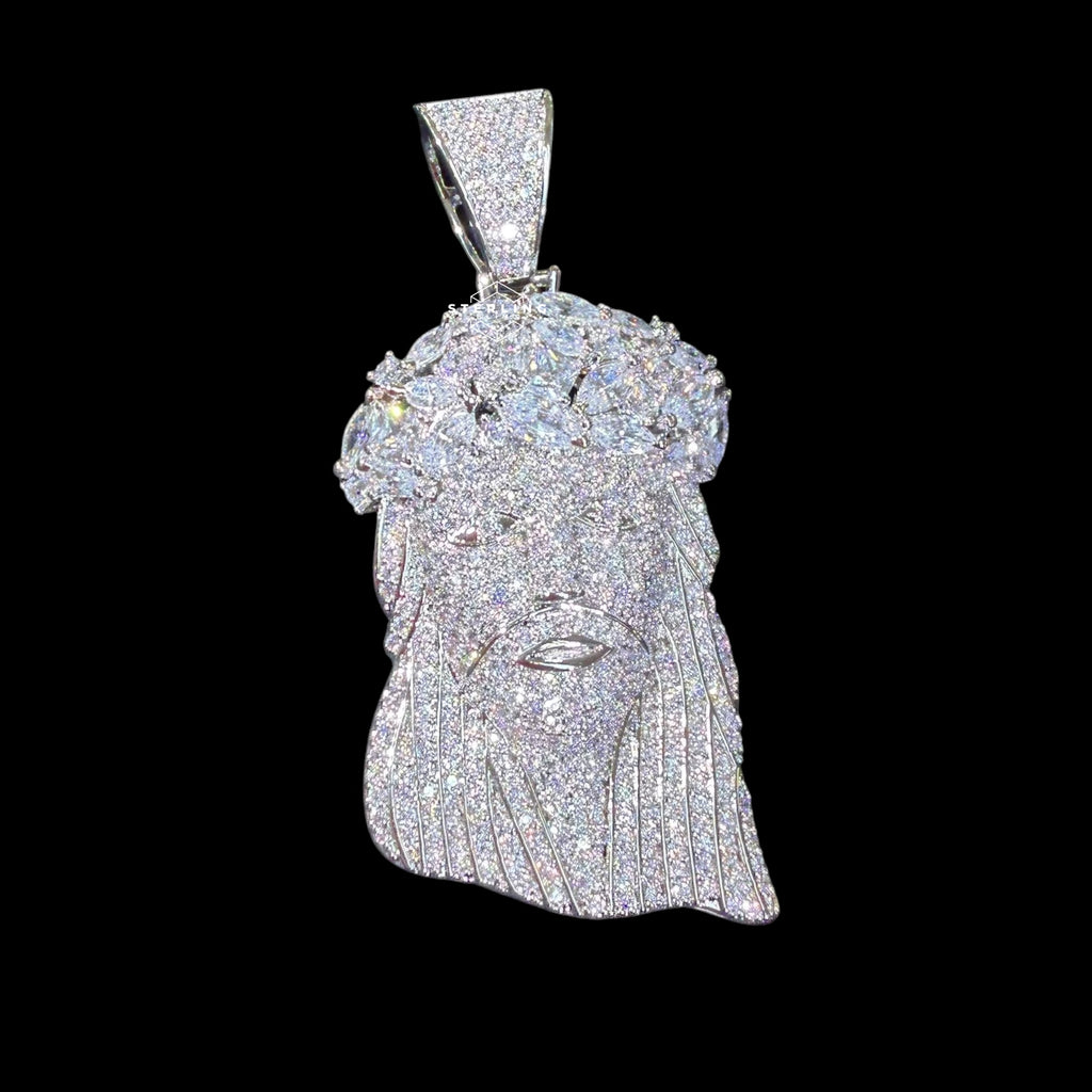 Iced Out Jesus Pendant, 14K White Gold Plated CZ Diamond Crown of Thorns, Mens Hip Hop Religious Jewelry