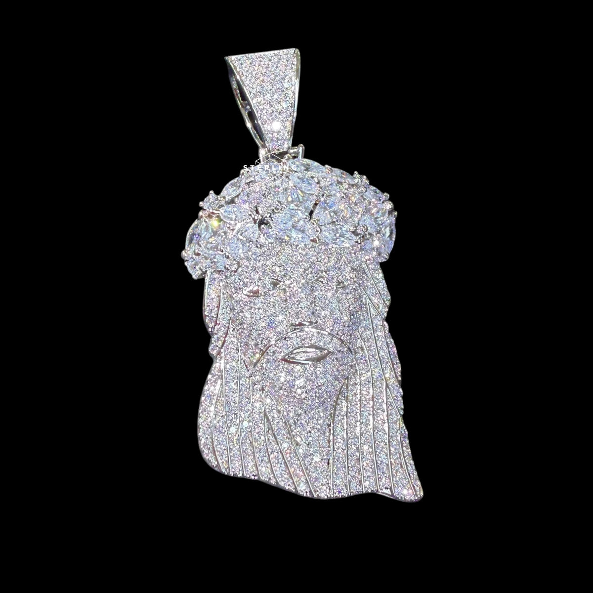 Iced Out Jesus Pendant, 14K White Gold Plated CZ Diamond Crown of Thorns, Mens Hip Hop Religious Jewelry