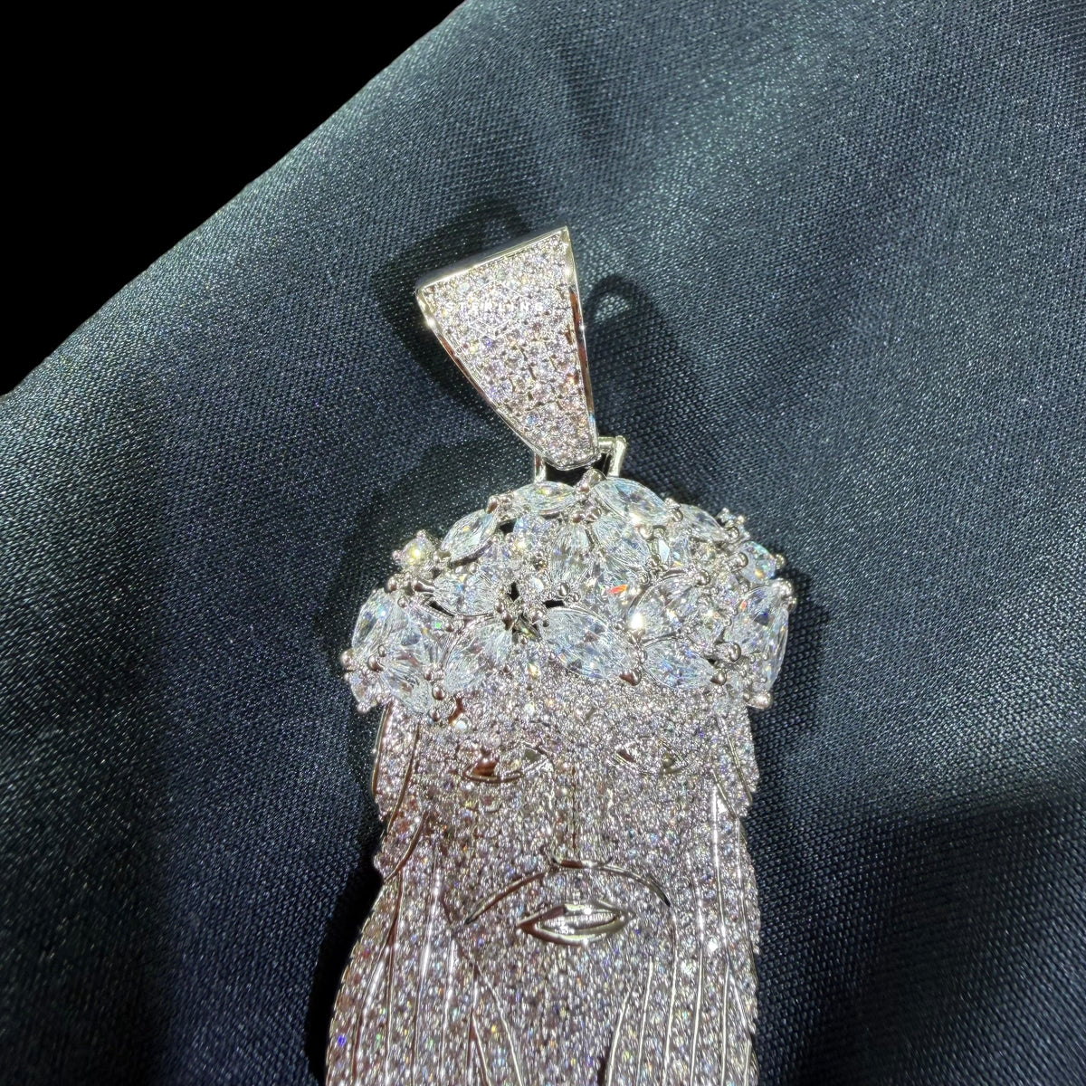Iced Out Jesus Pendant, 14K White Gold Plated CZ Diamond Crown of Thorns, Mens Hip Hop Religious Jewelry