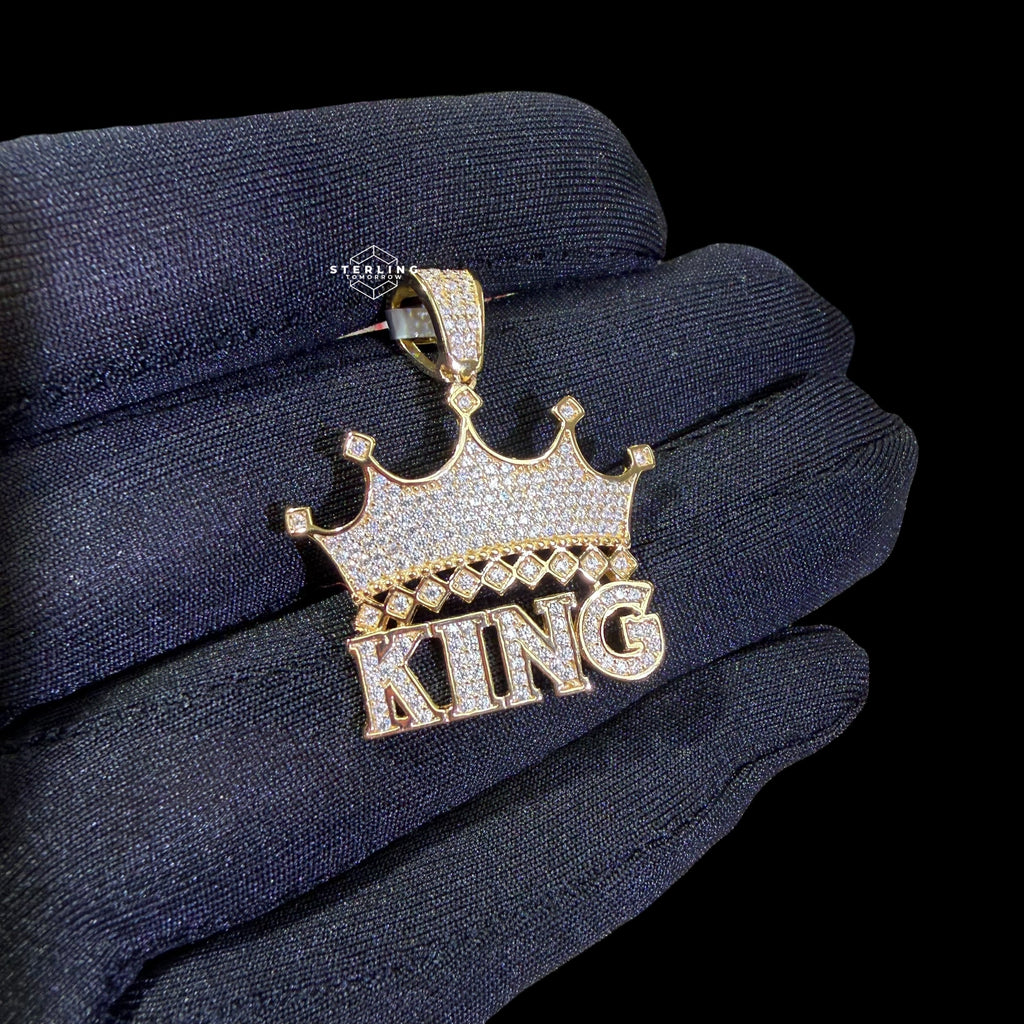 Gold Vermeil Iced Out King Crown Pendant, 925 Sterling Silver