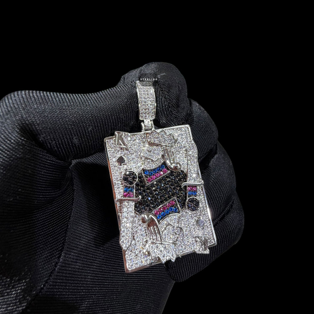 King Playing Card Pendant | 14K White Gold Plated Poker King CZ Hip Hop Necklace, Iced Out Card Pendant with Free Rope Chain