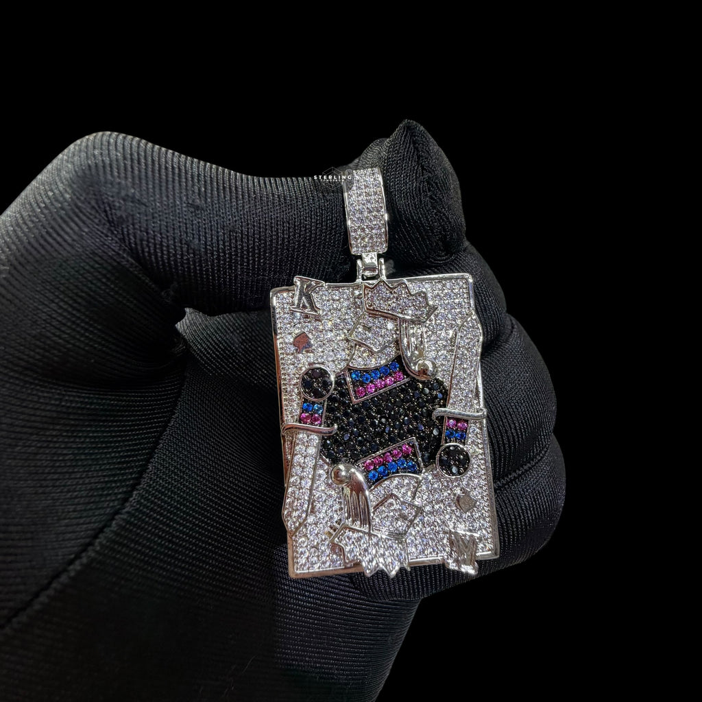 King Playing Card Pendant | 14K White Gold Plated Poker King CZ Hip Hop Necklace, Iced Out Card Pendant with Free Rope Chain