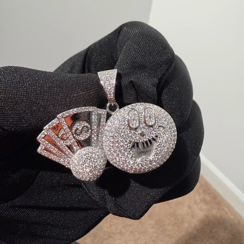 Iced Out Money Face Pendant, Solid 925 Sterling Silver VVS CZ Diamond Cash Fan Necklace, Hip Hop Jewelry, 22 Inch Rope Chain