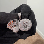 Iced Out Money Face Pendant, Solid 925 Sterling Silver VVS CZ Diamond Cash Fan Necklace, Hip Hop Jewelry, 22 Inch Rope Chain