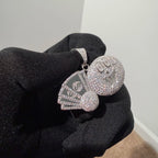 Iced Out Money Face Pendant, Solid 925 Sterling Silver VVS CZ Diamond Cash Fan Necklace, Hip Hop Jewelry, 22 Inch Rope Chain