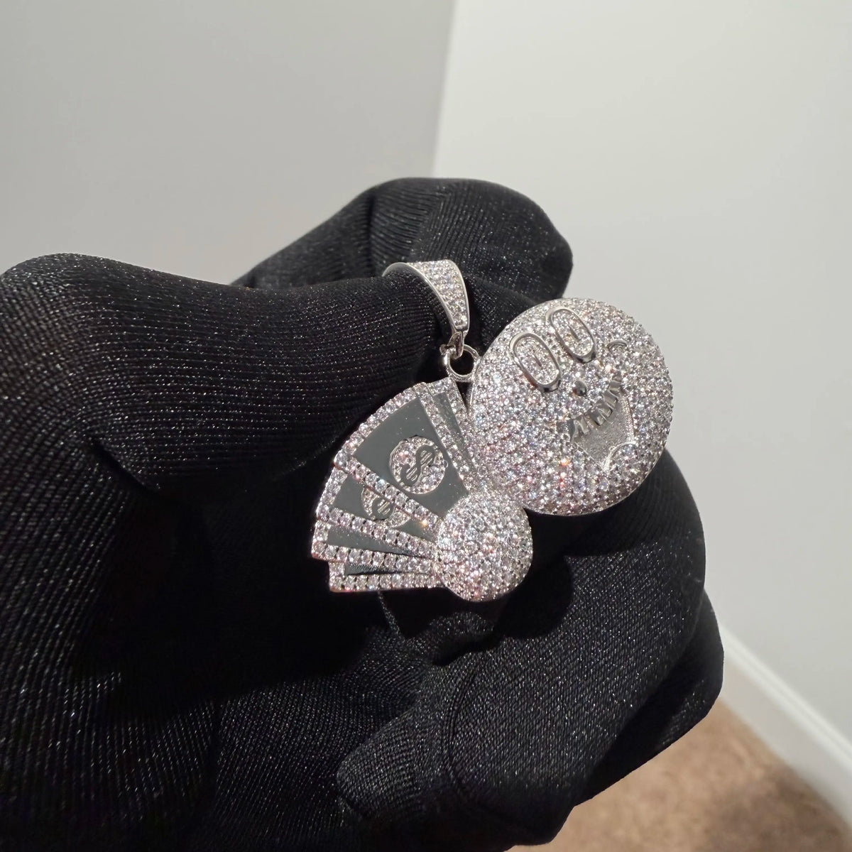 Iced Out Money Face Pendant, Solid 925 Sterling Silver VVS CZ Diamond Cash Fan Necklace, Hip Hop Jewelry, 22 Inch Rope Chain